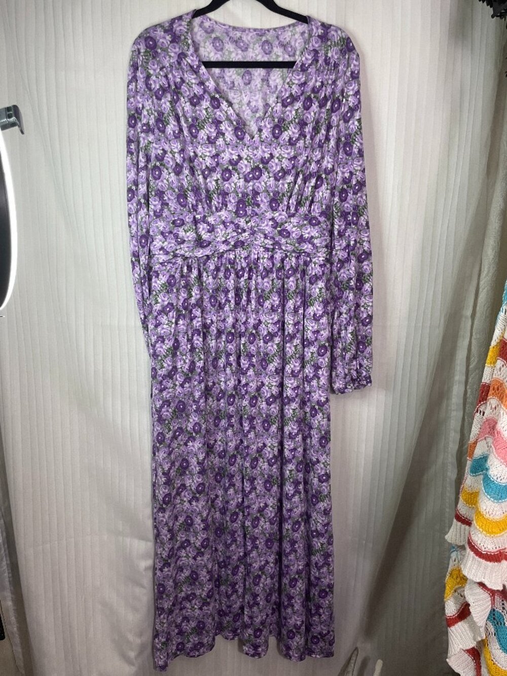 Purple Floral Maxi Dress Women's XL Long Sleeve Empire Waist Stretch Cottagecore